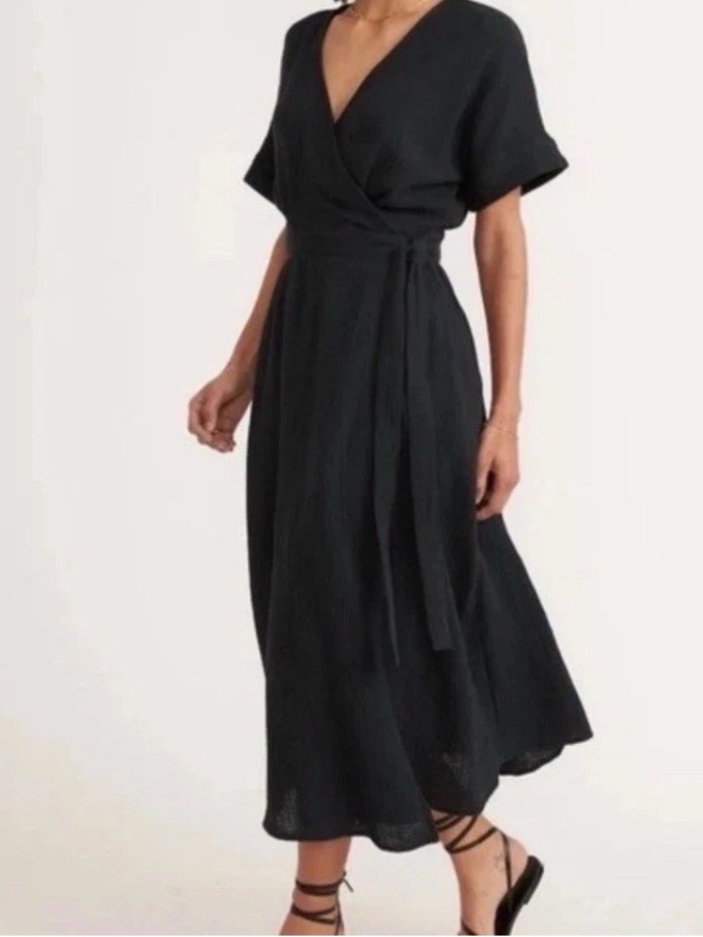 Marine Layer Maddie Gauze Wrap Dress Black Womens S Midi Cotton Beachy Flowy